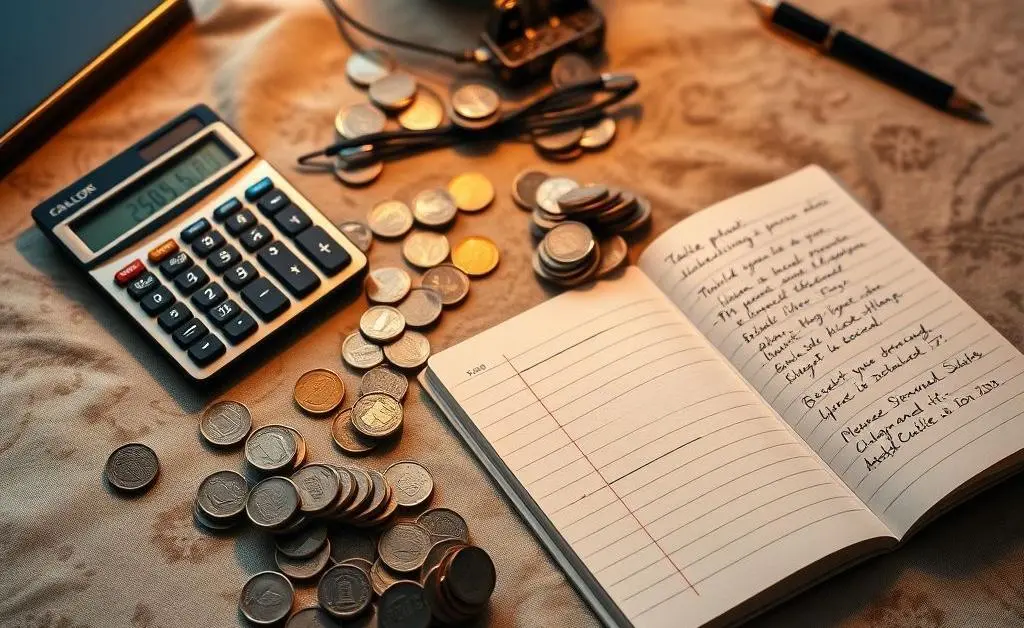 Personal budgeting tips with calculator and coins on a table
