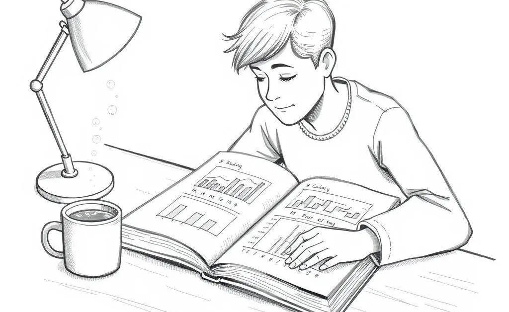 Hand-drawn style image of a person organizing a budget with a notebook and coffee mug beside them.