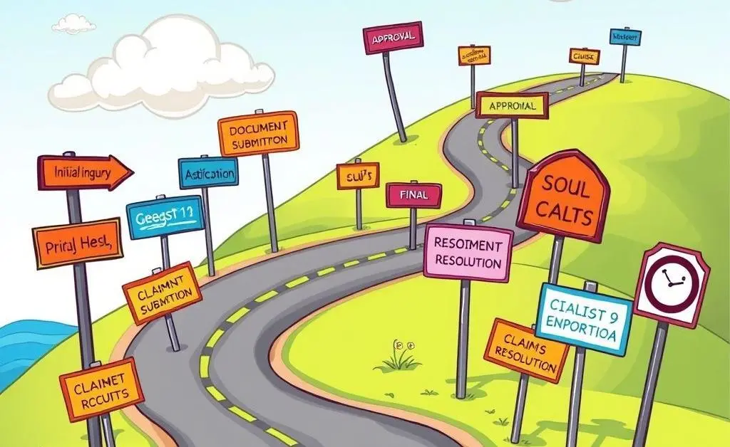 Cartoon road with various signs indicating different stages of a claims process.