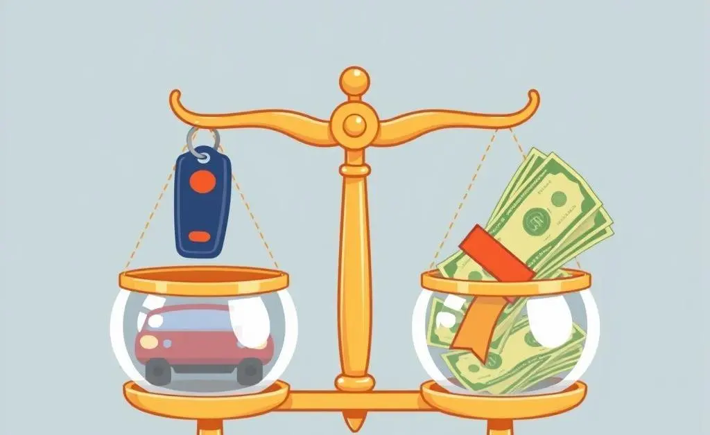A cartoon-style balance scale with a car key and dollar bills on opposite sides.