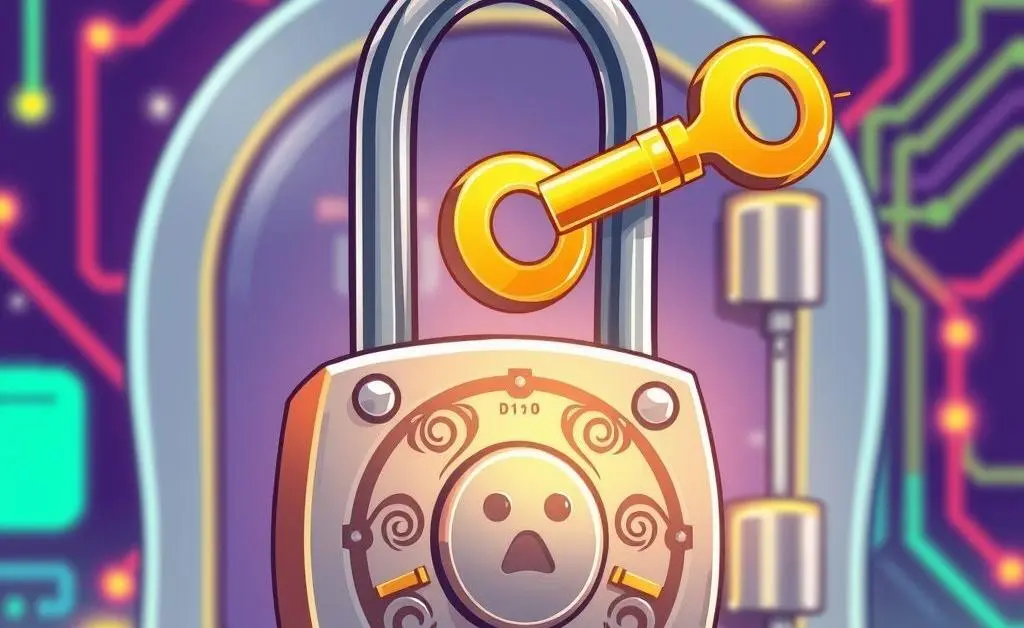 A cartoon showing a locked padlock with a key hovering over it, symbolizing data security.