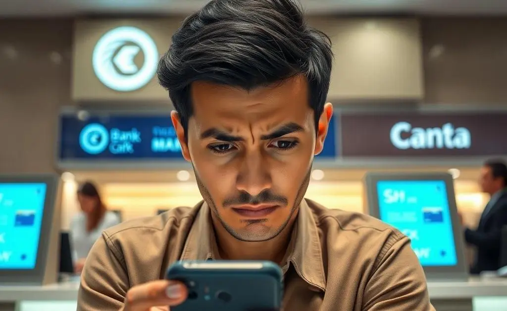 A person looking at phone with a confused expression in a bank setting