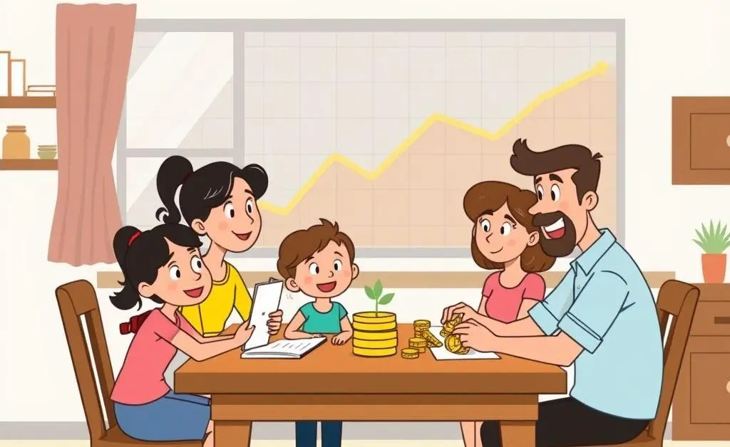 Family discussing finances with interest rate graph