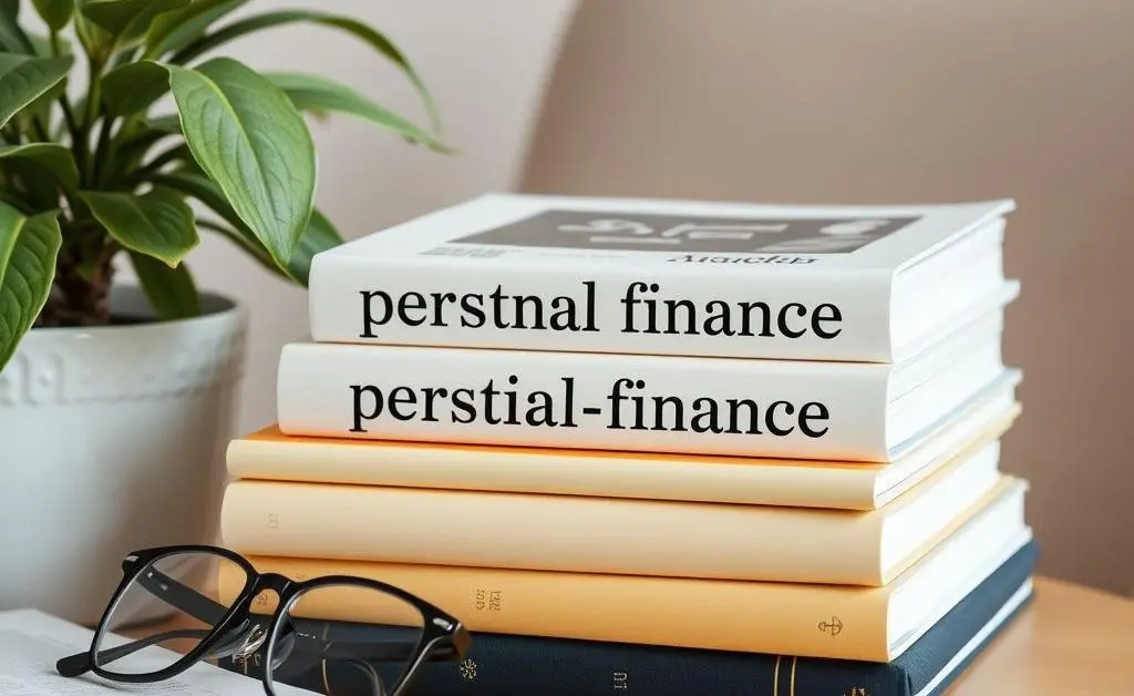 Stack of personal finance books on a table