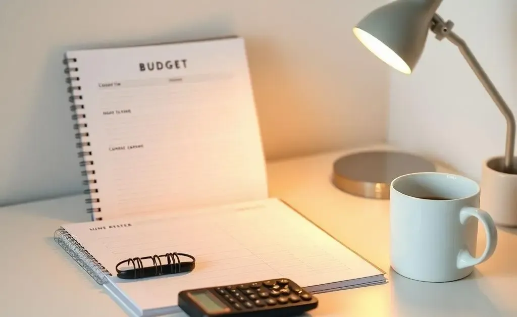 A cozy home office desk setup with a budget planner, calculator, and coffee cup, designed in minimalist style.