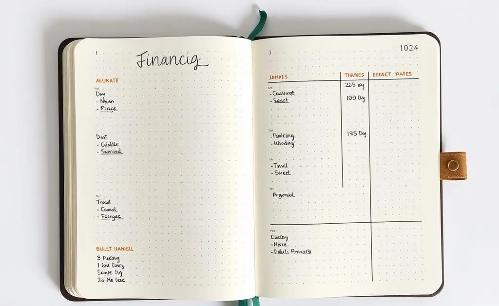A simple bullet journal open to a financial planning page.