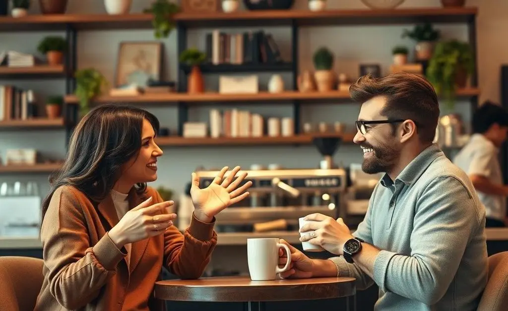 Two friends at a coffee shop, one explaining virtual account numbers to the other.