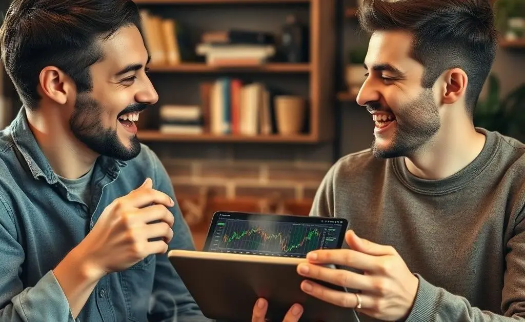 Two friends discussing finance over coffee, with one showing stock market apps on a tablet.