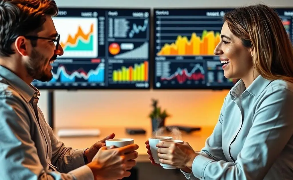 Two friends talking over coffee about personal finance, with charts in the background.