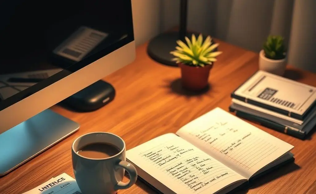 A cozy desk setup with computer, notepad, and coffee showing personal finance planning