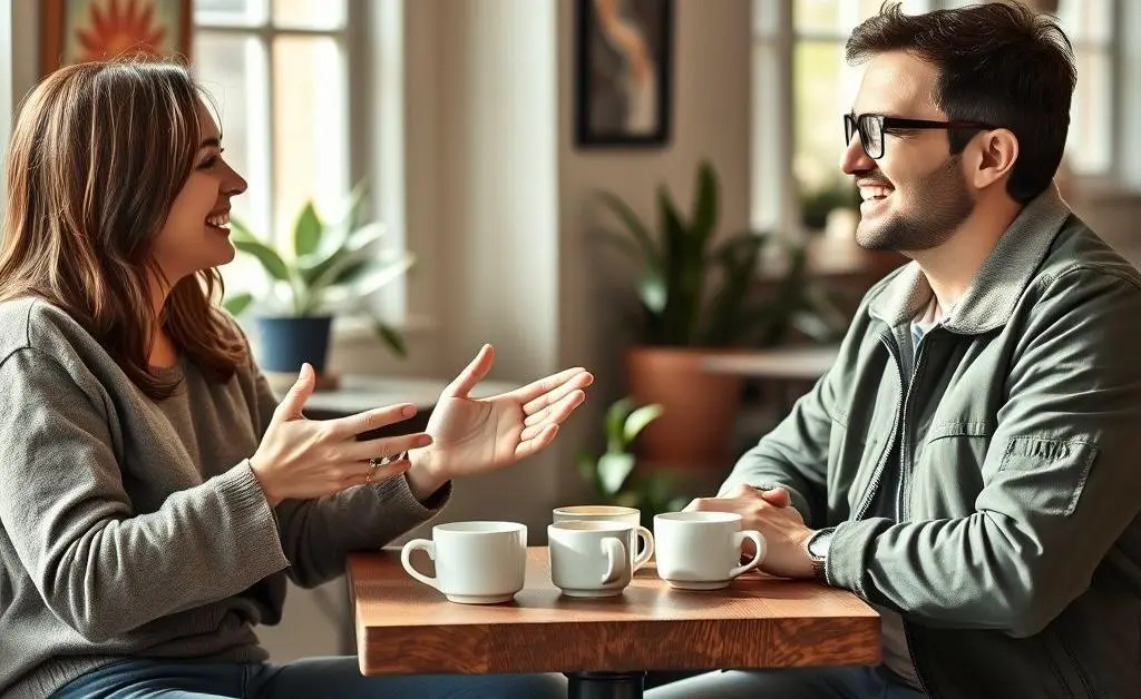 Two friends discussing personal finance over coffee.