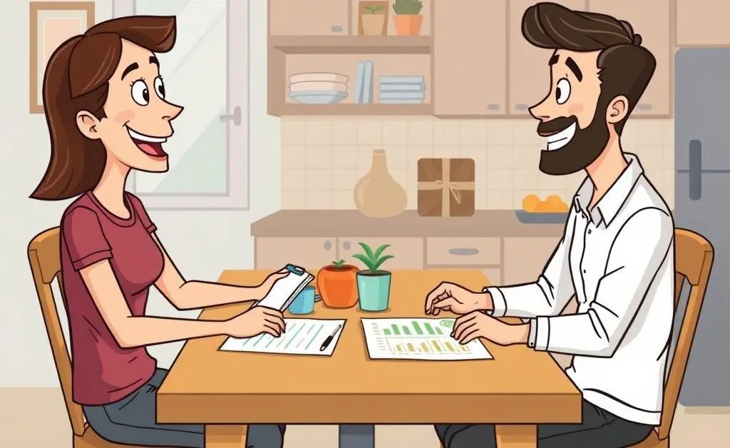 Friends discussing personal finance around a table
