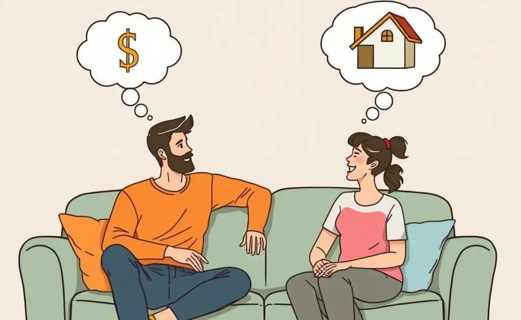 Two friends chatting about finance on a sofa