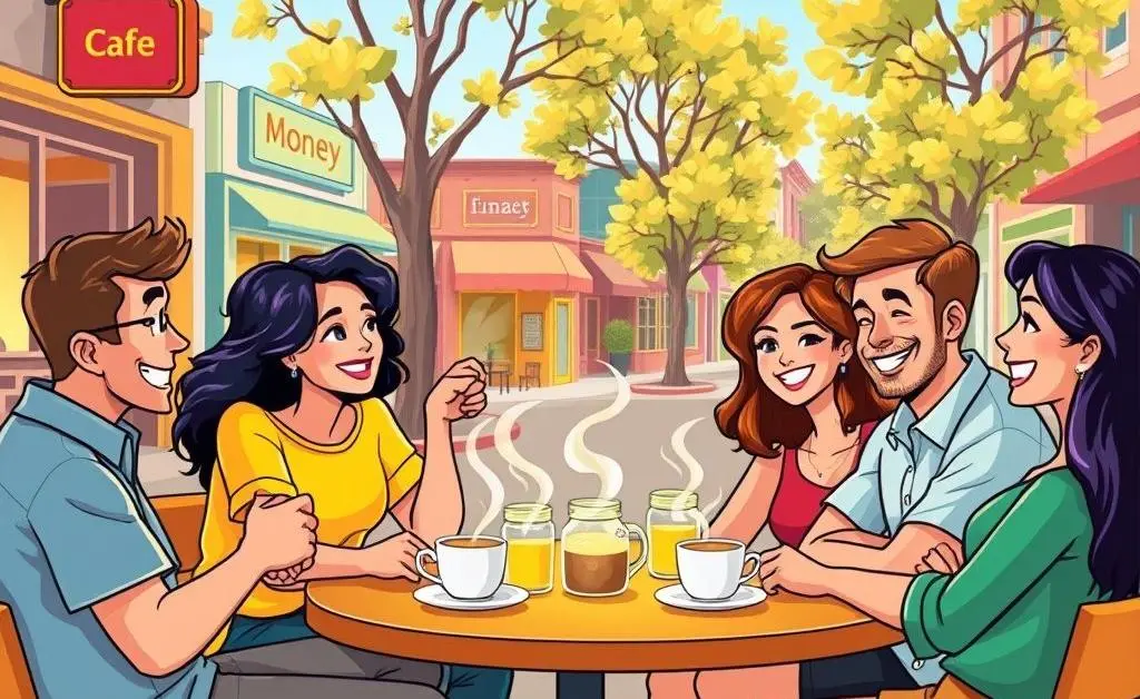 Cartoon-style image of two friends discussing personal finance over coffee.