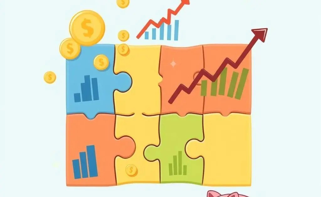 A jigsaw puzzle with financial symbols like coins, stock graphs, and a piggy bank.