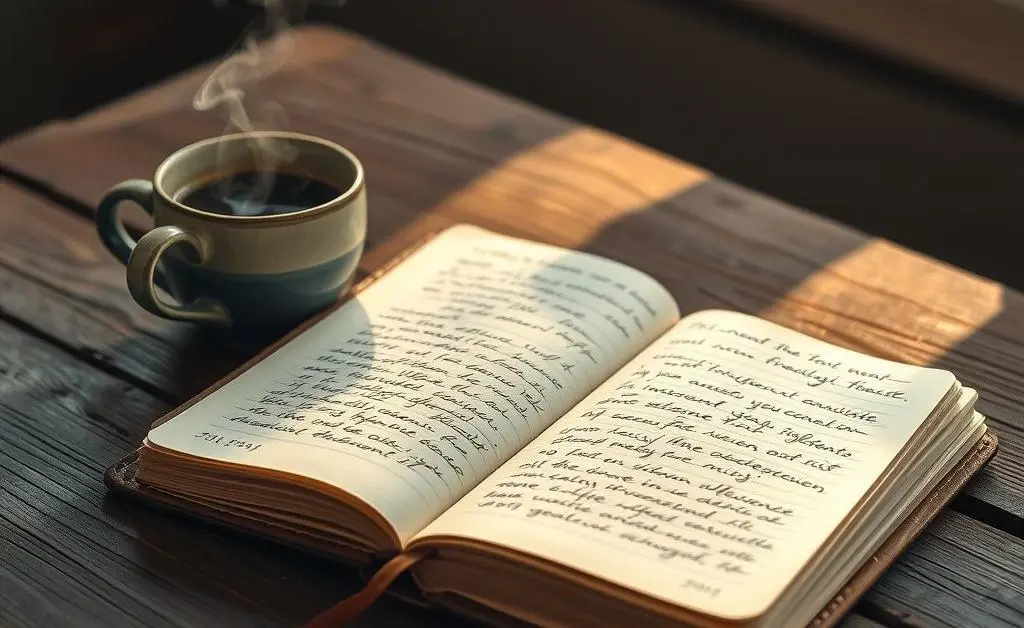 An open journal with handwritten notes on investment goals next to a cup of coffee.