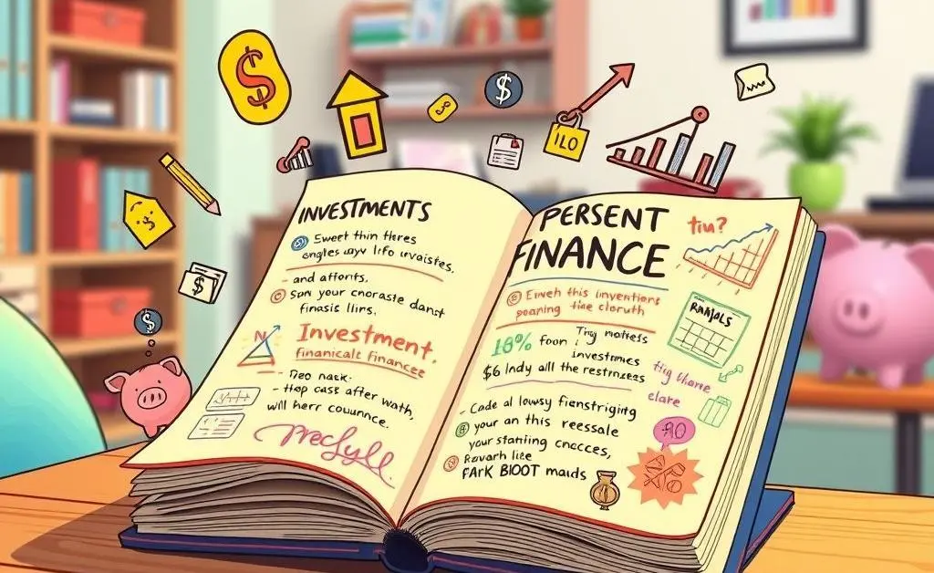 Cartoon-style image of a personal finance journal open with handwritten notes about investments.
