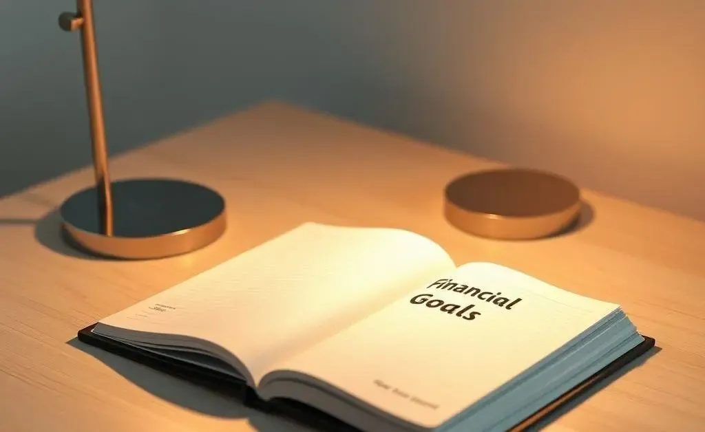 A simple desk with a notebook open to a 'Financial Goals' page softly lit by a lamp