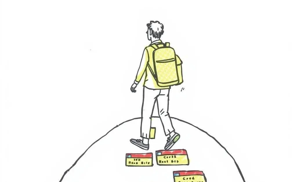 A hand-drawn illustration of a traveler on a road labeled 'Personal Finance Journey' with credit cards as stepping stones.