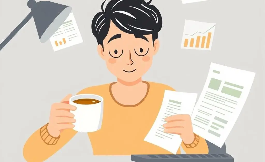 Illustration of a person planning finances with a cup of tea, laptop open on a desk.