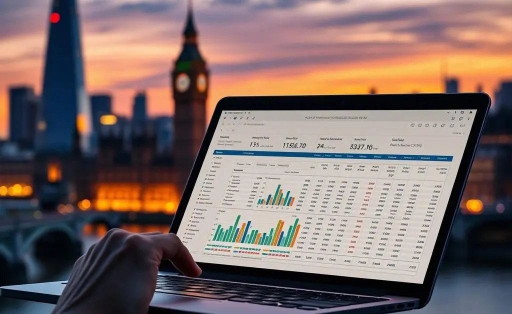 A hand holding a laptop displaying a budget spreadsheet, with London's skyline in the background.