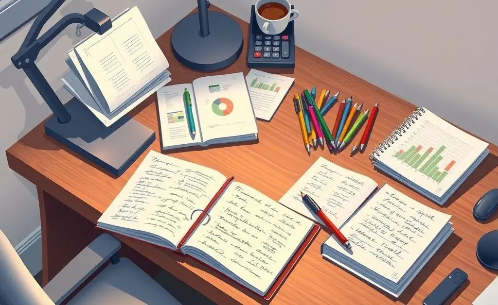 Desk with financial planning materials