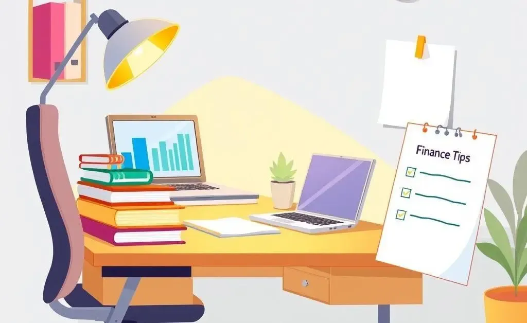 Cartoon-style desk with finance books, a laptop, and a checklist labeled 'finance tips'.