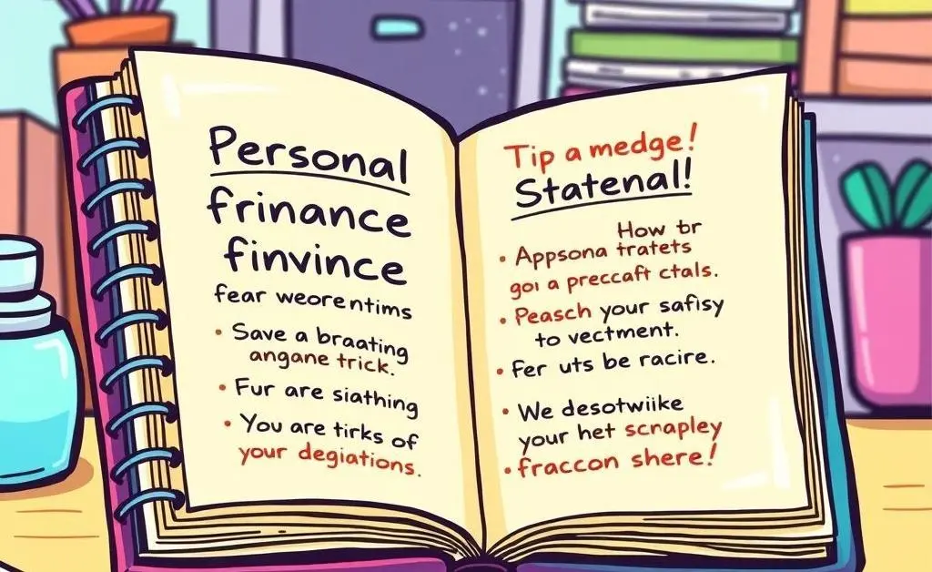 Cartoon-style image of a notebook with personal finance tips written on it.