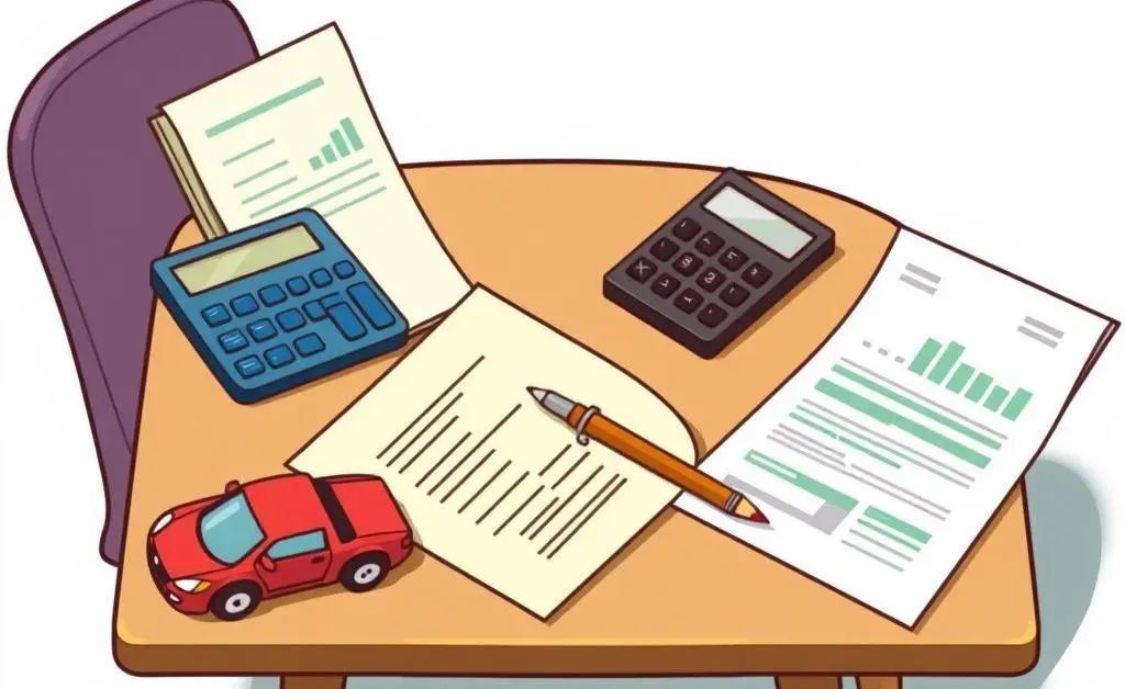 Table with financial documents, calculator, and toy cars.