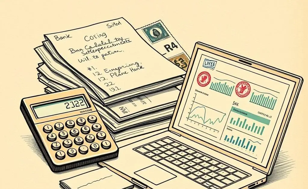 Personal finance tools like calculator, bank statements, and laptop