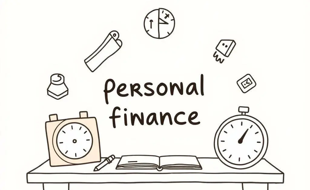 A minimalist, hand-drawn style image of personal finance tools on a table.