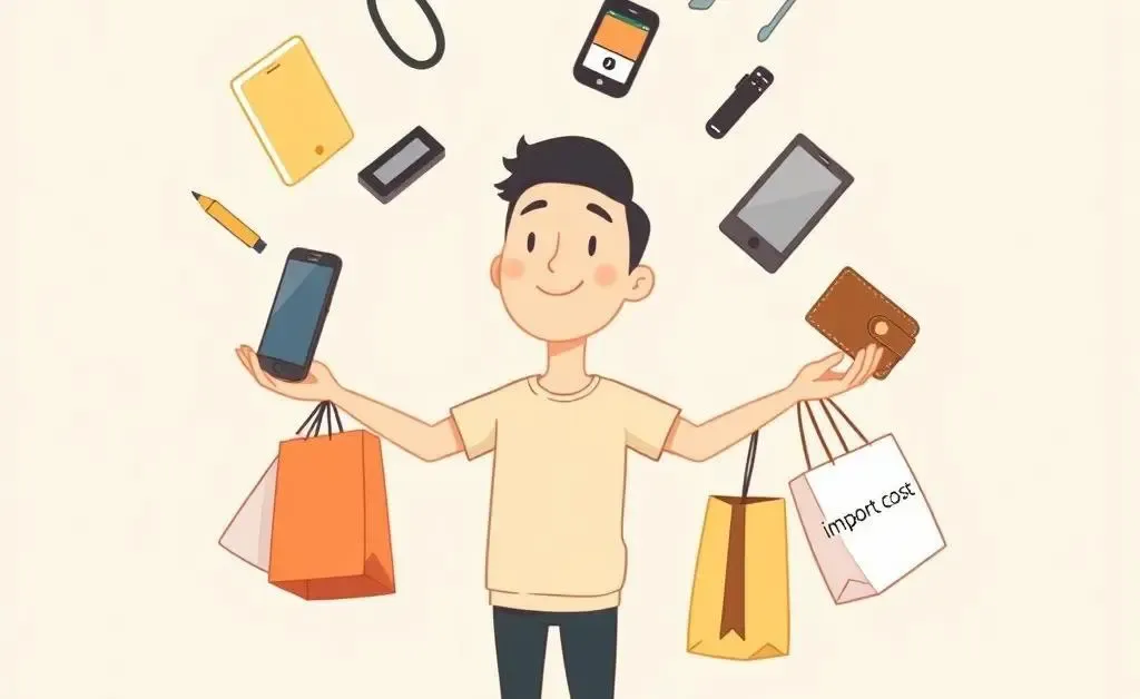 A minimalist cartoon image of a person juggling everyday items like groceries, electronics, and a wallet labeled with 'import cost'.