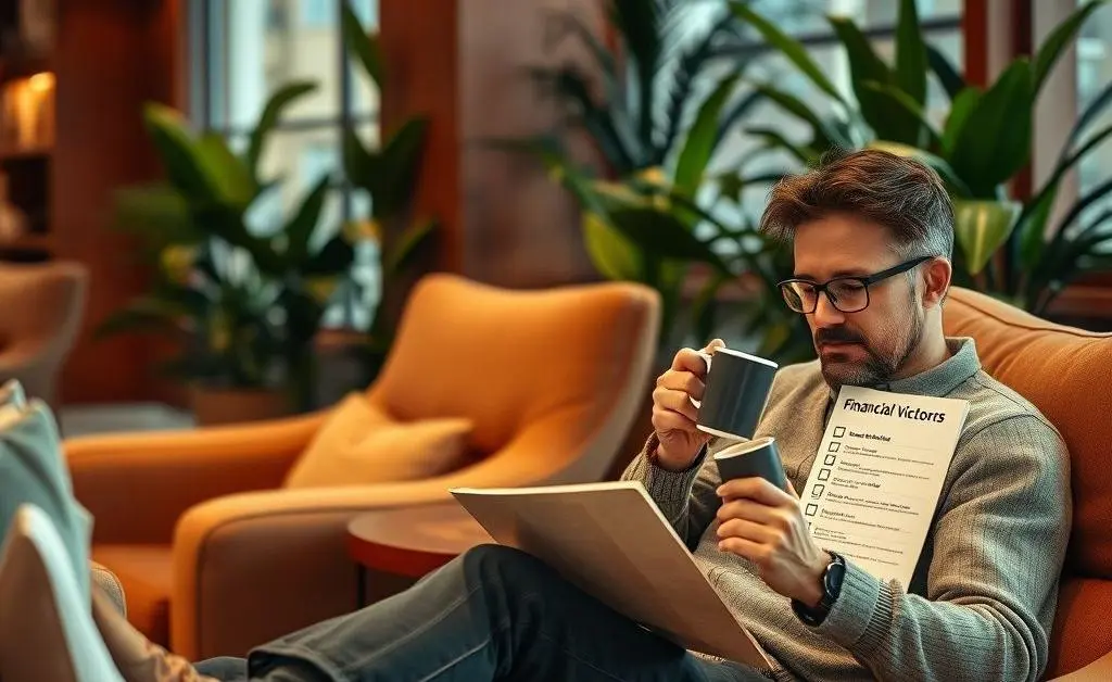 A person relaxing in a lounge with financial victory checklist.