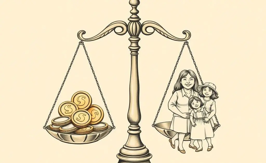 A balance scale with money and happiness