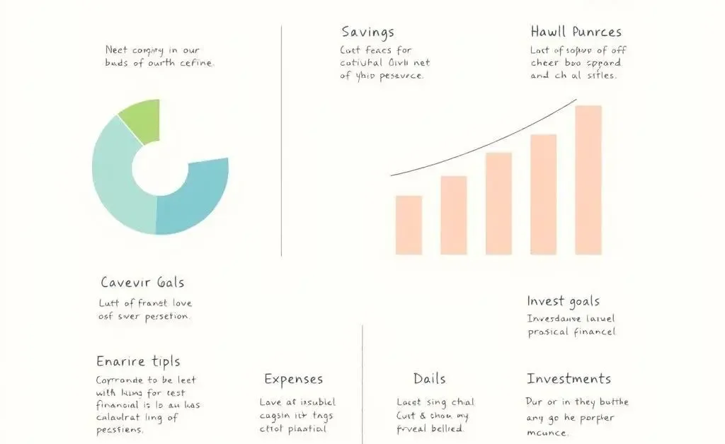 An organized, simple graphic showing a personal financial plan with charts and notes.