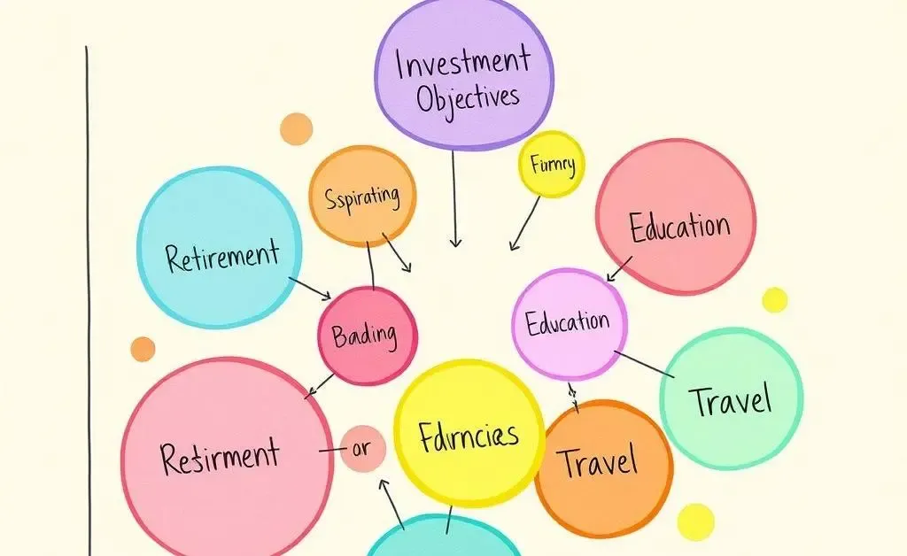 Colorful, hand-drawn bubble chart comparing different personal investment goals and timelines