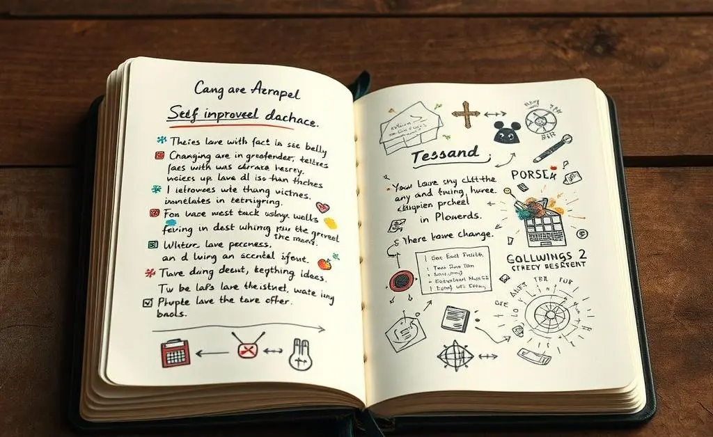 A hand-drawn journal opened with doodles and thoughts about personal growth and change.