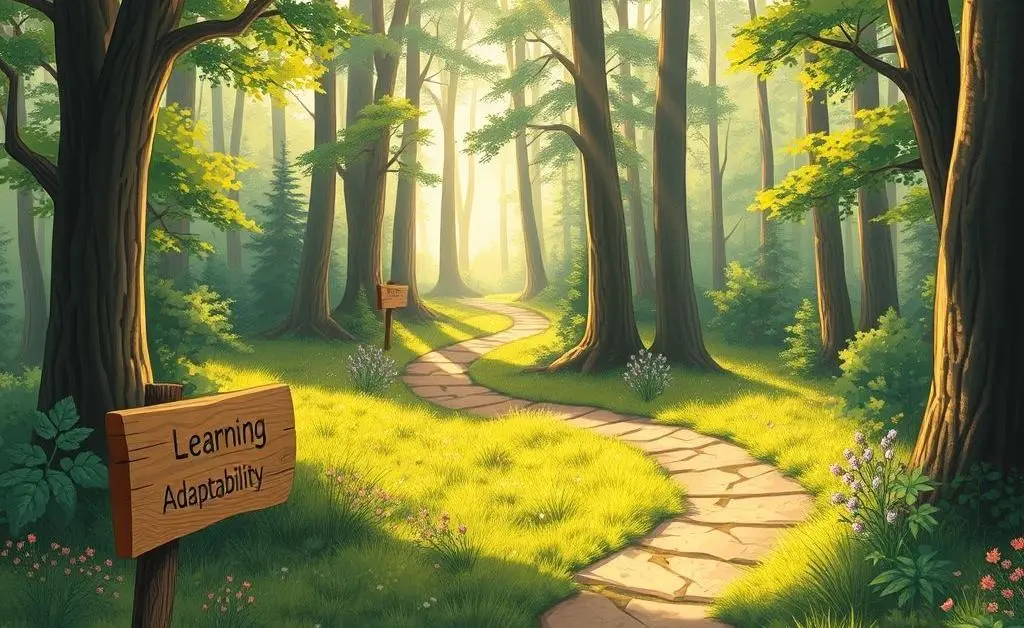 Illustration of a winding path with personal growth signs: 'Learning', 'Adaptability', 'Mindset'.