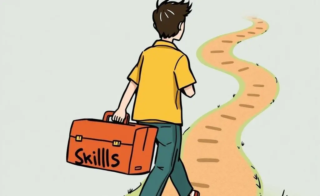 Person carrying a toolbox labeled 'Skills' on a winding path