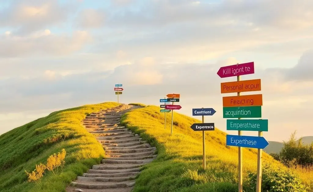 A path winding up a hill, with signs for skills, education, and experience along the way.