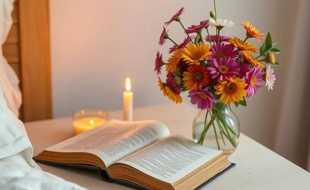 A bedside table with personal, comforting items.
