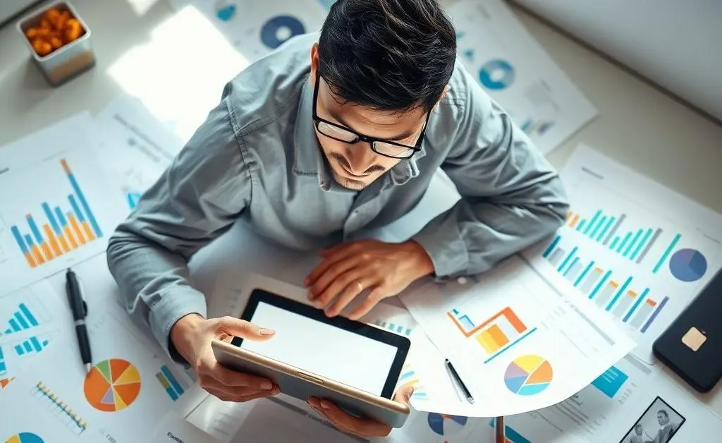 A person looking at a tablet surrounded by financial documents and notes.