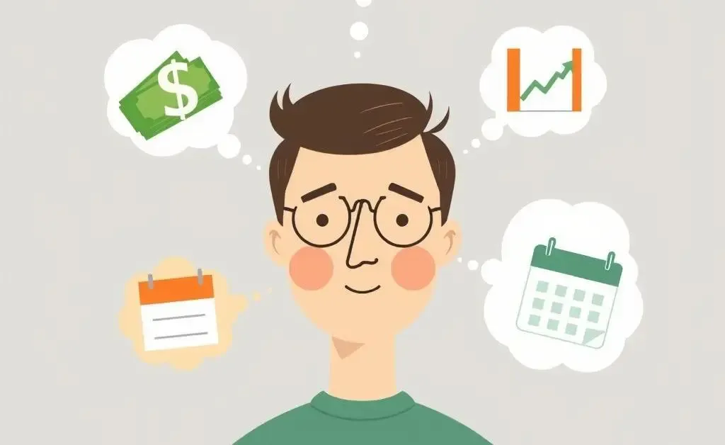 Personal investment goals visual with money, stocks, and calendar.