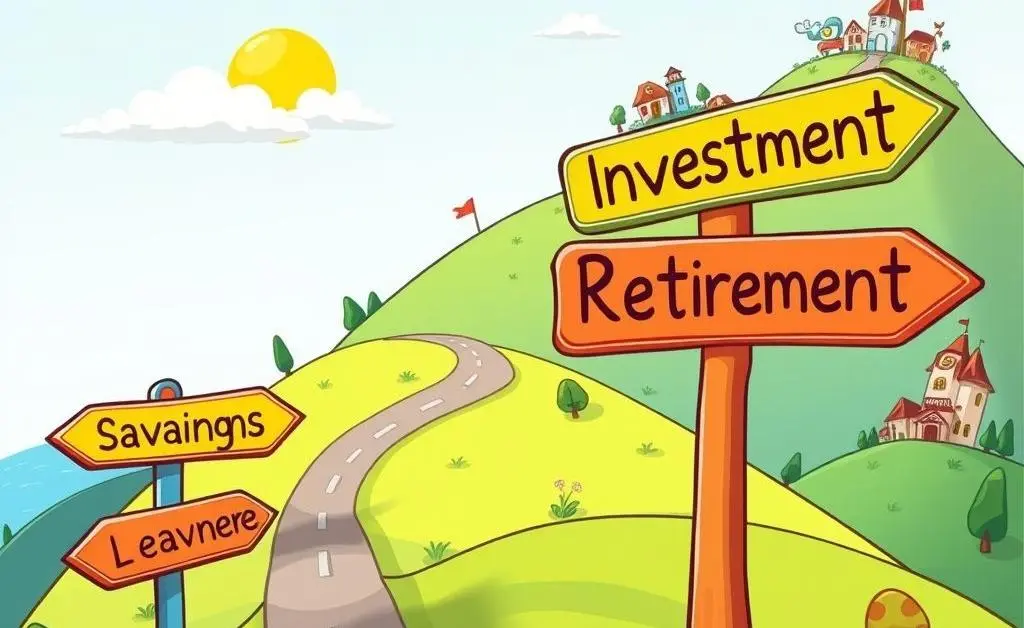 Cartoon roadmap of savings, investments, and retirement signposts.