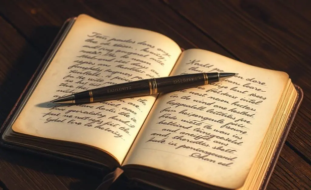 A journal open to a page with handwritten notes and a pen resting on top.