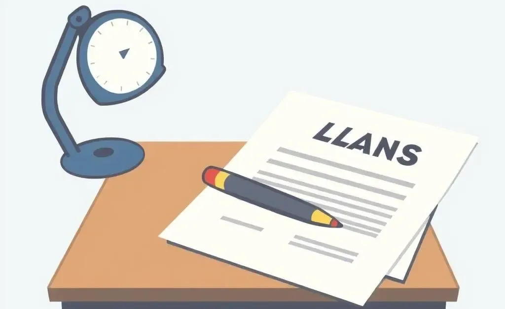 Illustration of a desk with loan documents and a pen.