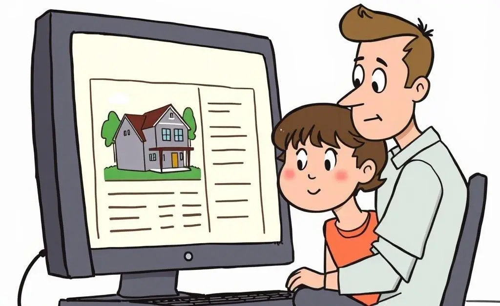 Cartoon depiction of a person looking at a house listing with a supportive friend.