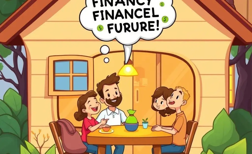 A cozy cartoon-style home with a thought bubble showing a family sitting at a table discussing financial plans.