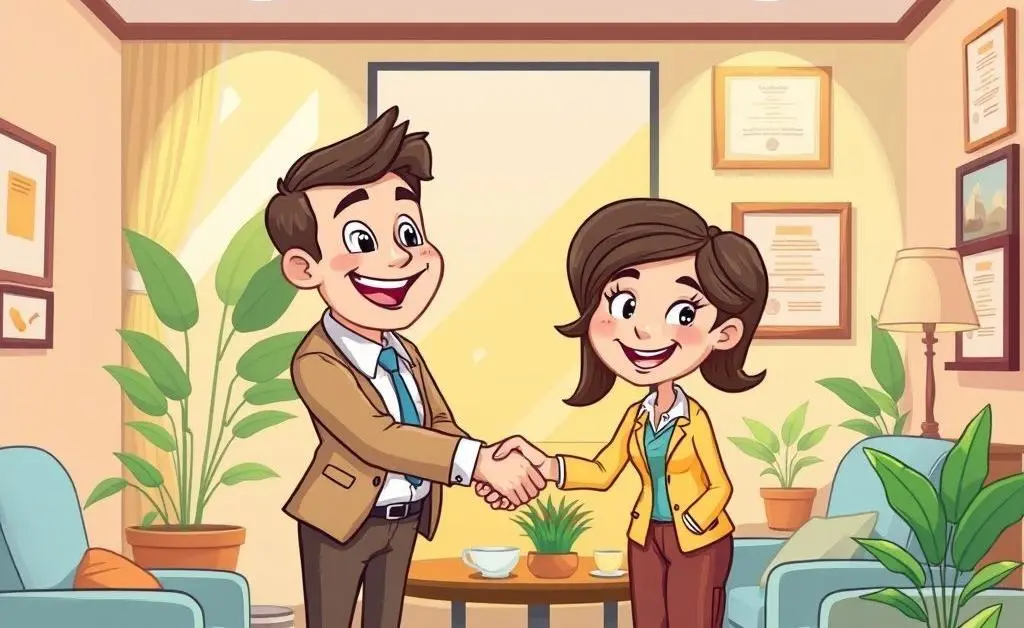 A cartoon drawing of an insurance agent warmly shaking hands with a client, with a background of a cozy office setting.