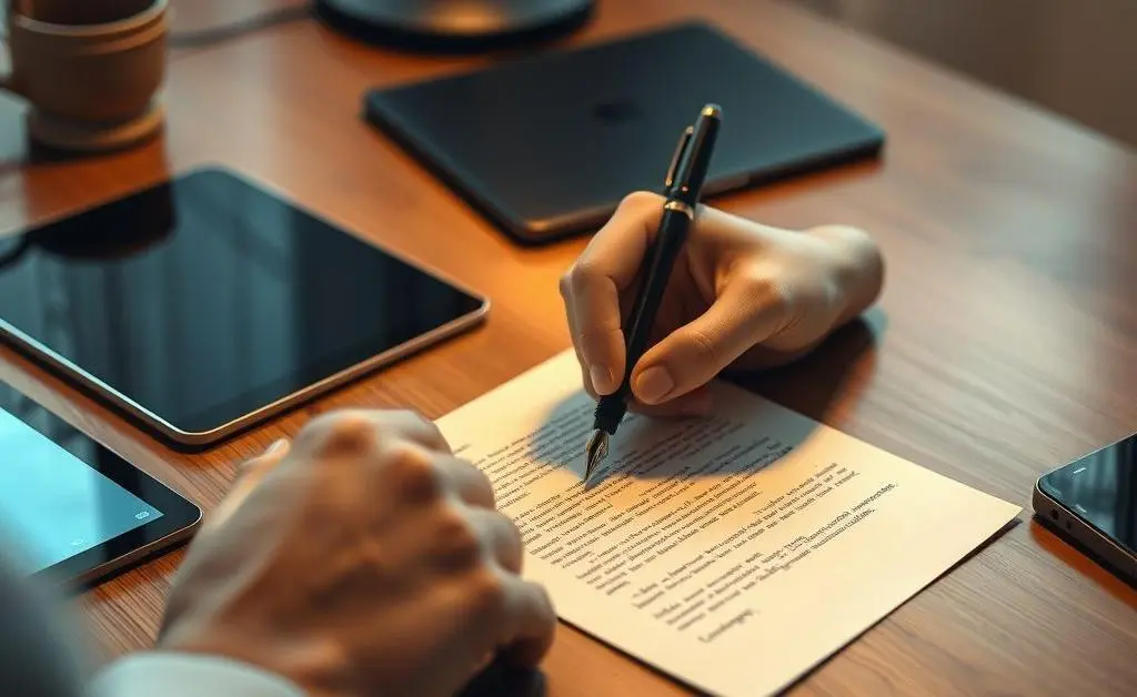 Handwriting a letter at a desk amidst digital devices